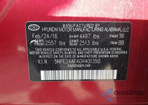 2016 Hyundai Sonata Se z USA, uszkodzony, nr VIN 5NPE24AF4GH401350